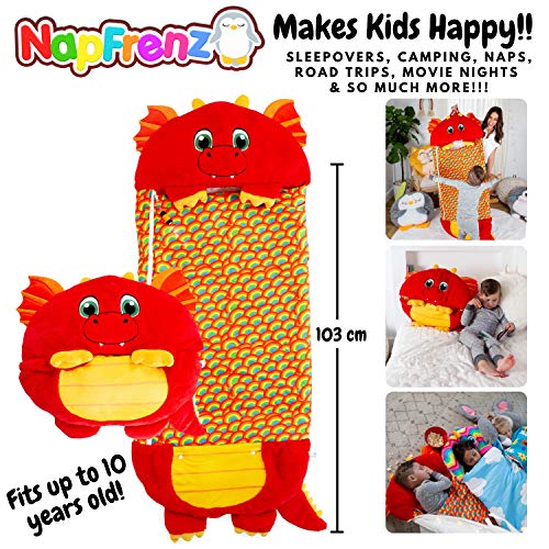 NapFrenz - Saco de dormir para niños con almohada 3 en 1 con diseño de dragón, peluche de dragón y saco de dormir para niños de 3 a 10 años