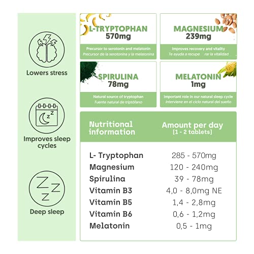 Natural Triptófano con Melatonina y Espirulina para mejorar el sueño, reducir la ansiedad, aumentar la energía, la concentración y el bienestar - 70 Comprimidos