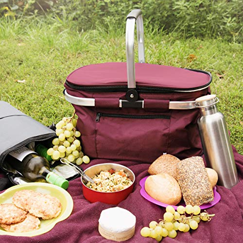 Navaris Cesta térmica para Picnic - Cesto de Tela y Aluminio para Camping Playa Compra - Nevera portátil para Transporte de Comida y Bebida - Rojo