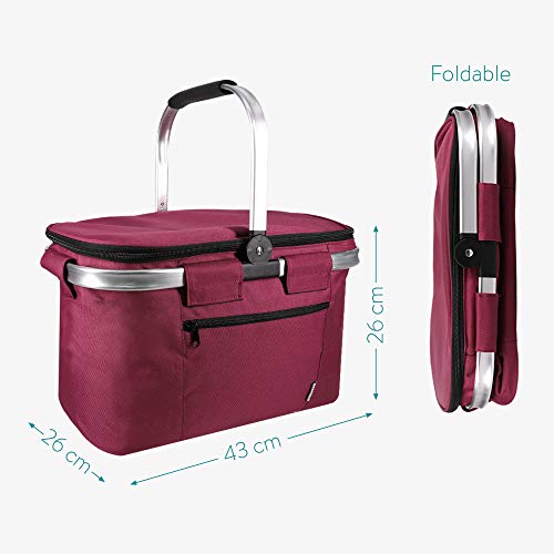 Navaris Cesta térmica para Picnic - Cesto de Tela y Aluminio para Camping Playa Compra - Nevera portátil para Transporte de Comida y Bebida - Rojo