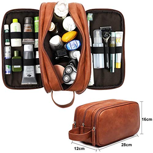 Neceser de piel para hombre, bolsa de aseo para colgar, grande, bolsa de aseo con muchos compartimentos para inodoro (marrón)