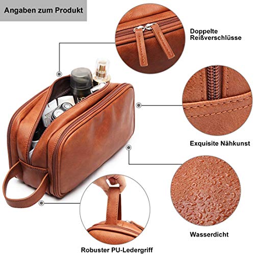 Neceser de piel para hombre, bolsa de aseo para colgar, grande, bolsa de aseo con muchos compartimentos para inodoro (marrón)