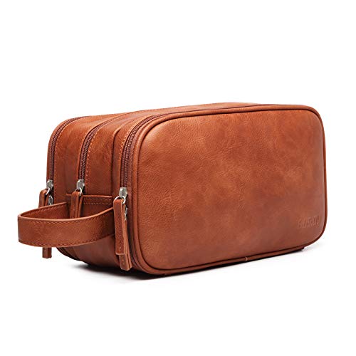 Neceser de piel para hombre, bolsa de aseo para colgar, grande, bolsa de aseo con muchos compartimentos para inodoro (marrón)