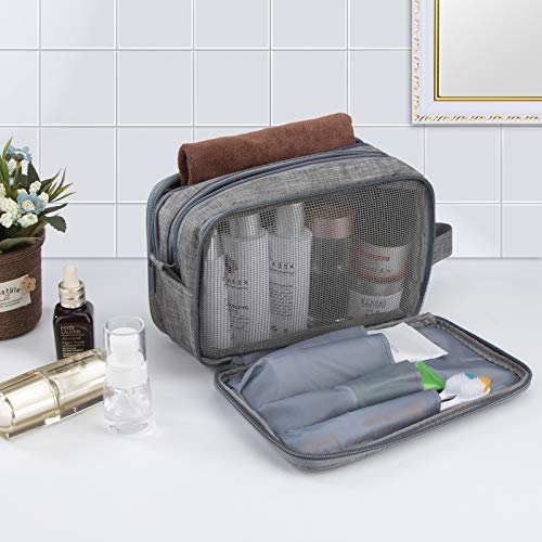 Neceser Hombre Kulturbeutel, Kit de Afeitado Dopp Impermeable Bolsa de Aseo Viaje, Grande Organizador de Maquillaje Lona Bolsa de Cosméticos Estuche Bolsillos con Múltiples Bolsillos, Gris