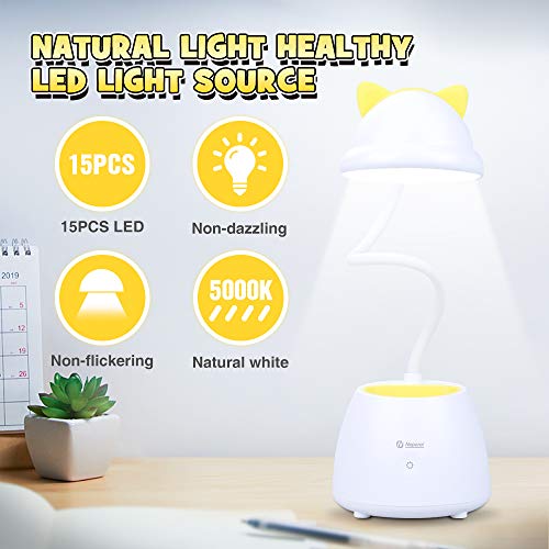 Neporal Lámpara de escritorio LED para niños, 3 niveles de brillo, control táctil, cuello de cisne ajustable, lámpara de mesa para niños, lámpara de mesa para estudios (con soporte para bolígrafo)