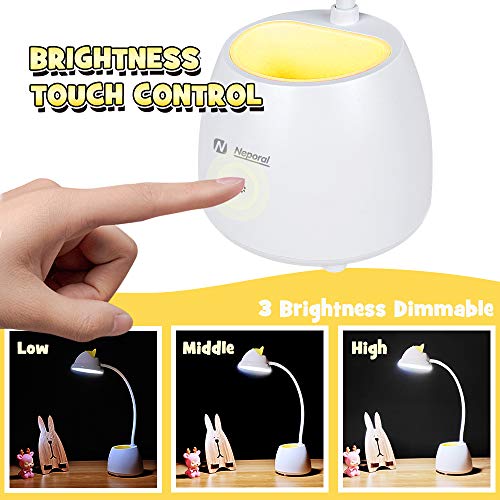 Neporal Lámpara de escritorio LED para niños, 3 niveles de brillo, control táctil, cuello de cisne ajustable, lámpara de mesa para niños, lámpara de mesa para estudios (con soporte para bolígrafo)