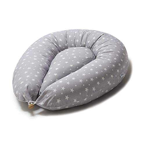 Niimo Almohada Embarazada y Cojin Lactancia Bebe + Soft Cojìn Dormir y Abrazar Funda Cojines 100% Algodon Desenfundable y Lavable (Gris-Estrella Blanca)