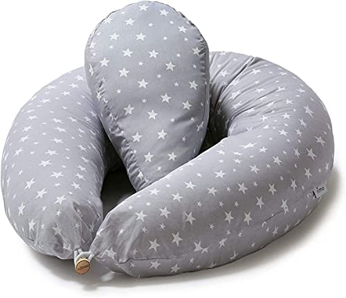 Niimo Almohada Embarazada y Cojin Lactancia Bebe + Soft Cojìn Dormir y Abrazar Funda Cojines 100% Algodon Desenfundable y Lavable (Gris-Estrella Blanca)