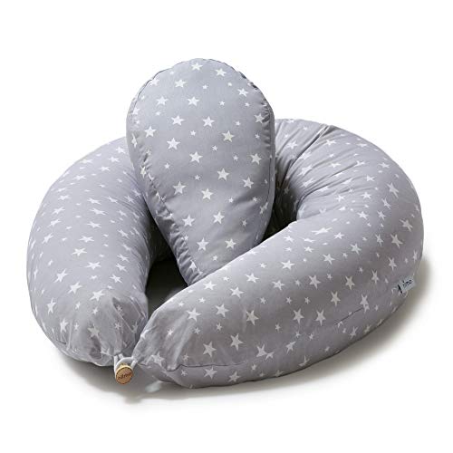 Niimo Almohada Embarazada y Cojin Lactancia Bebe + Soft Cojìn Dormir y Abrazar Funda Cojines 100% Algodon Desenfundable y Lavable (Gris-Estrella Blanca)