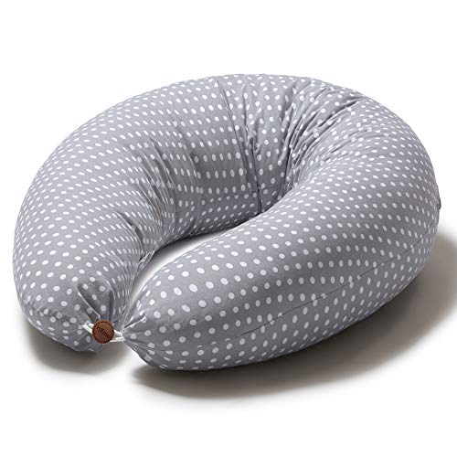 Niimo Cojin Lactancia Bebe y Almohada Embarazada Dormir XXL Multifuncion Funda Cojin 100% Algodon Desenfundable y Lavable Relleno de Poliester Multiusos Maternidad (Gris - Lunares Blancos)