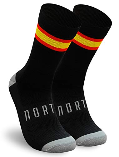 NORTEI - Calcetines Bandera España para Ciclismo, MTB y Running de Meryl para hombre y mujer – Spain (M, Negro)