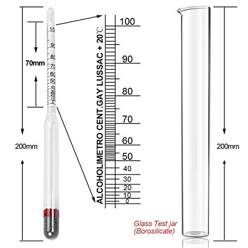 Notimin Medidor de alcohol 2pcs Hidrómetro de Alcohol Set de Densímetros 0-100Vol% + cilindro de vidrio especial, para licores/licores destilados etc (Manual en español,Sin termómetro)