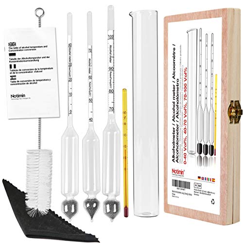 Notimin Medidor de alcohol 3pcs Hidrómetro de Alcohol Set de Densímetros 0-40,40-70,70-100Vol% + cilindro de vidrio especial + termómetro, para licores / licores destilados etc (Manual en español)