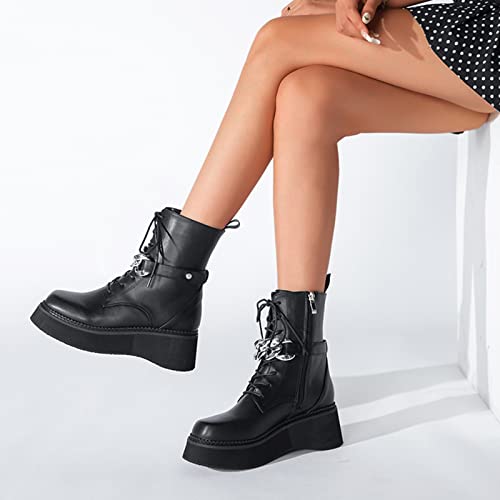 NYPB Botines de Mujer Plataforma agujetas, Estilo Combate, Punk,Negro,35 EU