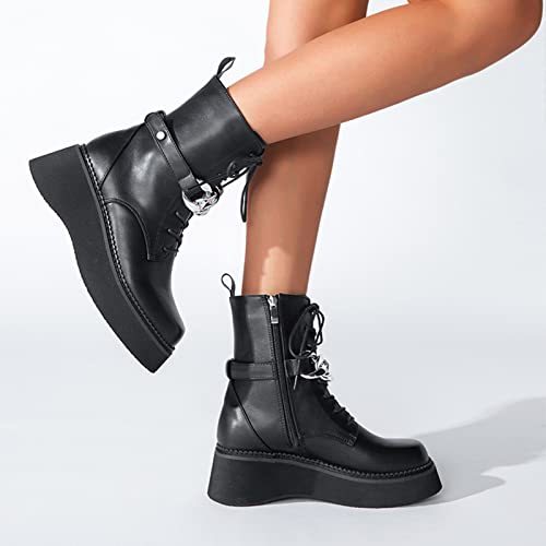 NYPB Botines de Mujer Plataforma agujetas, Estilo Combate, Punk,Negro,35 EU