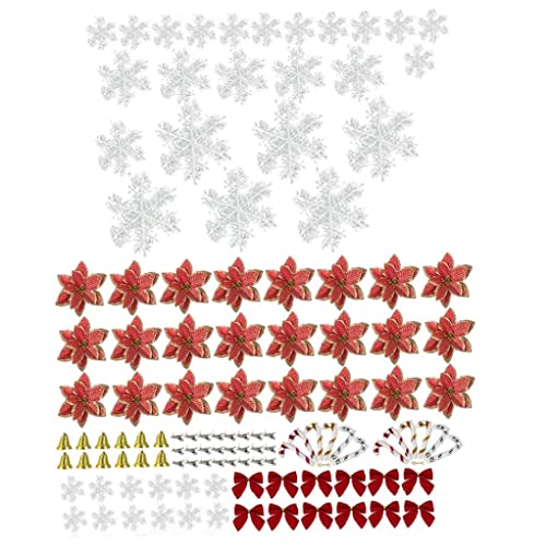 Odoukey Poinsettia Flor de Navidad, 1 Set / 120pcs Flower Flowers Set, Glitter Ornamentos de árbol de Navidad con Bow Snow Capt Camp Bell Clip, Rojo