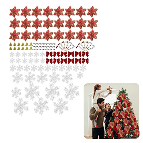 Odoukey Poinsettia Flor de Navidad, 1 Set / 120pcs Flower Flowers Set, Glitter Ornamentos de árbol de Navidad con Bow Snow Capt Camp Bell Clip, Rojo