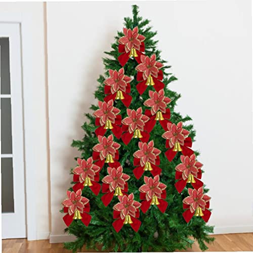 Odoukey Poinsettia Flor de Navidad, 1 Set / 120pcs Flower Flowers Set, Glitter Ornamentos de árbol de Navidad con Bow Snow Capt Camp Bell Clip, Rojo