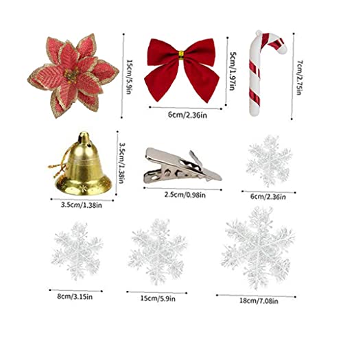 Odoukey Poinsettia Flor de Navidad, 1 Set / 120pcs Flower Flowers Set, Glitter Ornamentos de árbol de Navidad con Bow Snow Capt Camp Bell Clip, Rojo