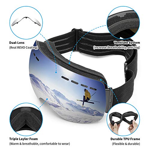 Omasi Gafas de esquí, Máscara Gafas Esqui Snowboard para Hombre Mujer Adultos Anti Niebla Gafas de Esquiar OTG Protección UV Lente Intercambiable