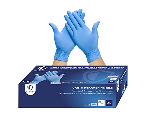 OneProtek - 100 Guantes nitrilo desechables Talla XL - Azul - Sin látex sin polvo – Resistentes y multiusos