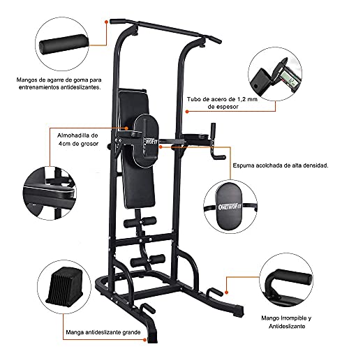 ONETWOFIT Estacion de Dominadas, Torre de Ejercicios Multifunción con Banco de Asiento, Altura Ajustable Torre para Dominadas Estación, Estación de Entrenamiento Soporta hasta 330 LB (150 kg) OT127