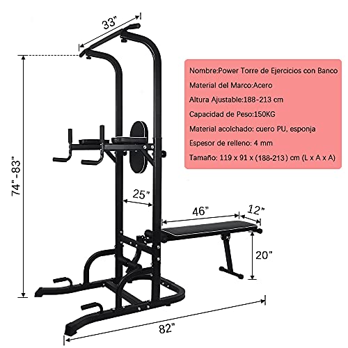 ONETWOFIT Estacion de Dominadas, Torre de Ejercicios Multifunción con Banco de Asiento, Altura Ajustable Torre para Dominadas Estación, Estación de Entrenamiento Soporta hasta 330 LB (150 kg) OT127