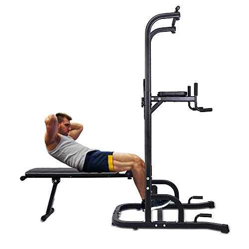 ONETWOFIT Estacion de Dominadas, Torre de Ejercicios Multifunción con Banco de Asiento, Altura Ajustable Torre para Dominadas Estación, Estación de Entrenamiento Soporta hasta 330 LB (150 kg) OT127