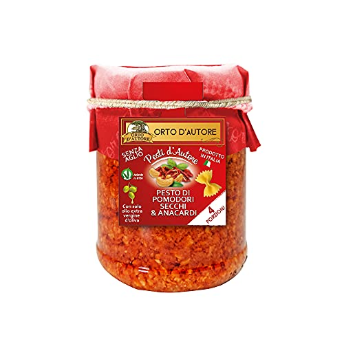 ORTO D'AUTORE Pesto Rojo Natural De Tomates Secos Y Anacardos 3 X 180 Gr, Pesto en Frasco De Vidrio, Pesto De Tomates Secos Y Pesto De Anacardos 100% Made in Italy, Pesto Sin Ajo Y Sin Lactosa