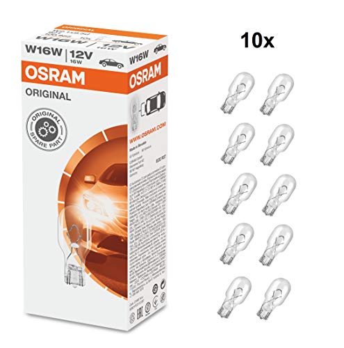 Osram 921 Luz de enchufe de pellizco de vidrio 921 del tipo W16W, 921, 12V, 10 lámparas