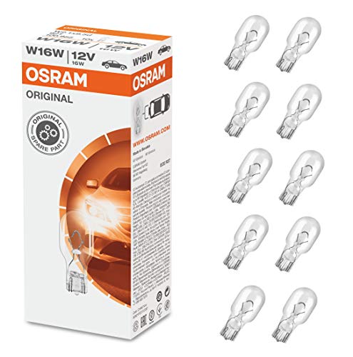 Osram 921 Luz de enchufe de pellizco de vidrio 921 del tipo W16W, 921, 12V, 10 lámparas