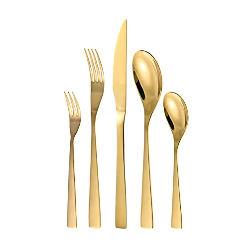 Otto Koning - Berlín - Set Cubiertos de 30 Piezas de Acero Inoxidable Chapado en Titanio Dorado y Pulido Brillante, Espesor 4 mm y Cuchillo chuletero. Una cubertería de Mesa Moderna para 6 comensales