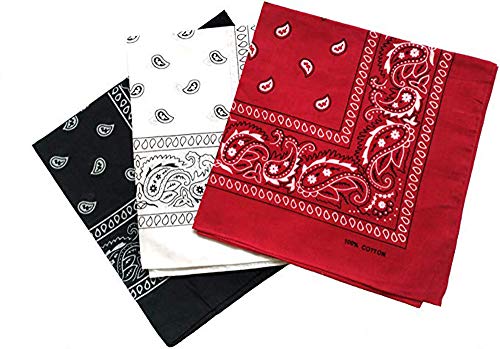 Pack 3 Pañuelos Bandanas de Paisley de Algodón para Cuello Pulsera Cabeza Unisex (negro+blanco+rojo, Talla única)