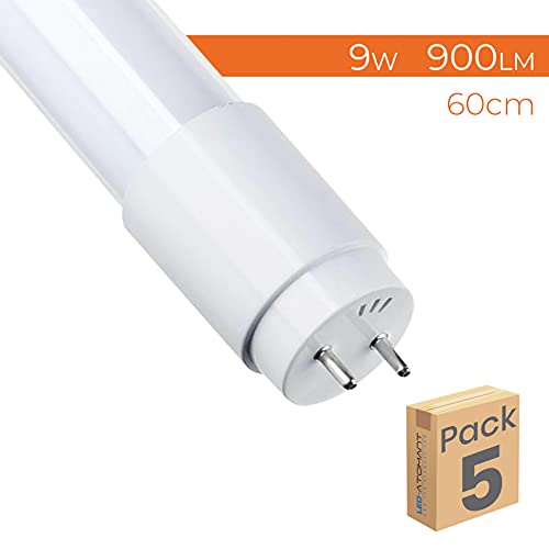 Pack 5x Tubo LED 60 cm, 9W, Color Blanco Frio (6500K). Cebador LED Incluido. T8 Standard, 900 Lumenes.