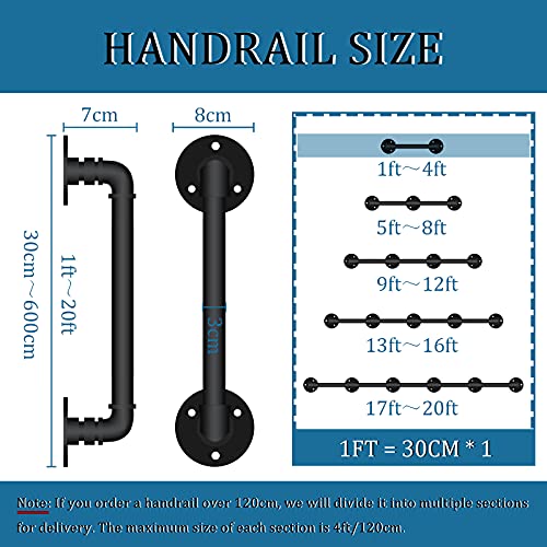 Pasamano 30-600cm Barandilla de Seguridad Antideslizante para Ancianos y niños, barandilla de Escalera de Tubo Negro de Hierro Forjado, Adecuada para barandillas Interiores y Exteriores | ,1ft/30cm