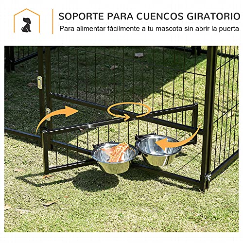 Pawhut Parque para Perros con Toldo Perrera Metálica de Exterior con Soporte Giratorio para Comida 2 Cuencos Incluidos y Cerradura para Mascotas Jardín 141x141x121 cm Negro