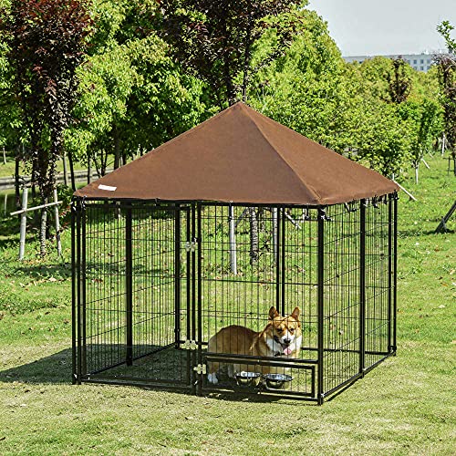 Pawhut Parque para Perros con Toldo Perrera Metálica de Exterior con Soporte Giratorio para Comida 2 Cuencos Incluidos y Cerradura para Mascotas Jardín 141x141x121 cm Negro