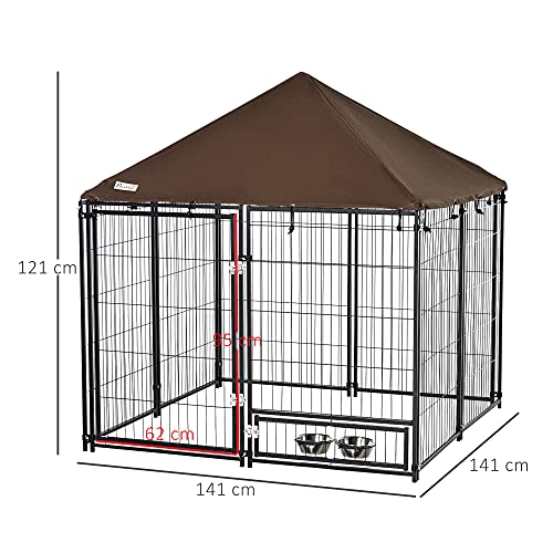 Pawhut Parque para Perros con Toldo Perrera Metálica de Exterior con Soporte Giratorio para Comida 2 Cuencos Incluidos y Cerradura para Mascotas Jardín 141x141x121 cm Negro