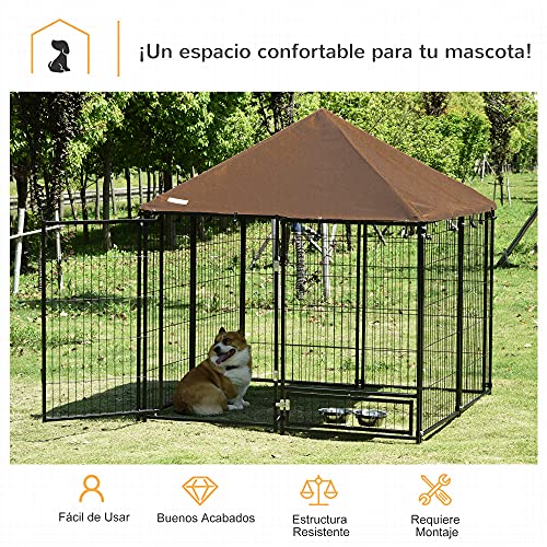 Pawhut Parque para Perros con Toldo Perrera Metálica de Exterior con Soporte Giratorio para Comida 2 Cuencos Incluidos y Cerradura para Mascotas Jardín 141x141x121 cm Negro