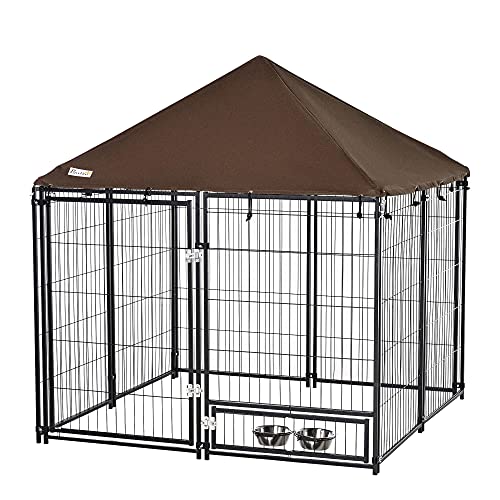 Pawhut Parque para Perros con Toldo Perrera Metálica de Exterior con Soporte Giratorio para Comida 2 Cuencos Incluidos y Cerradura para Mascotas Jardín 141x141x121 cm Negro