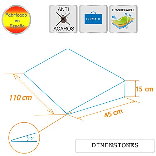 PEKITAS Almohada Cojín Cuña Inclinada Para Adulto Antireflujo Piernas Funda Lavable AloeVera Fabricado En España (110 cm Ancho - 15° Inclinación)…