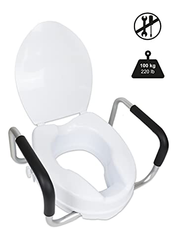 PEPE - Elevador WC Adulto con Reposabrazos (10 cm de altura), Elevador WC con Tapa, Asiento Elevador WC, Asiento WC Ortopédico, Elevador WC, Elevador Inodoro, Alzador WC Adulto con Asas, Blanco.