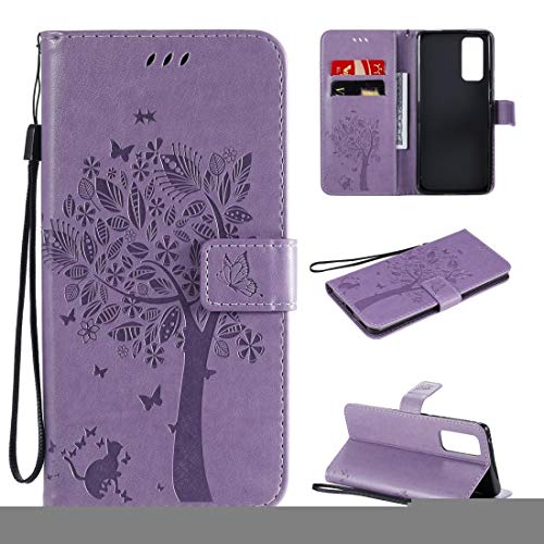 PHONETABLETCASE+ / for Compatible with Huawei Honor 30 Árbol y Gato Patrón en Relieve Patrón Horizontal Funda de Cuero con Soporte y Ranuras Tarjetas y Billetera y cordón,Protección de la Cubierta de