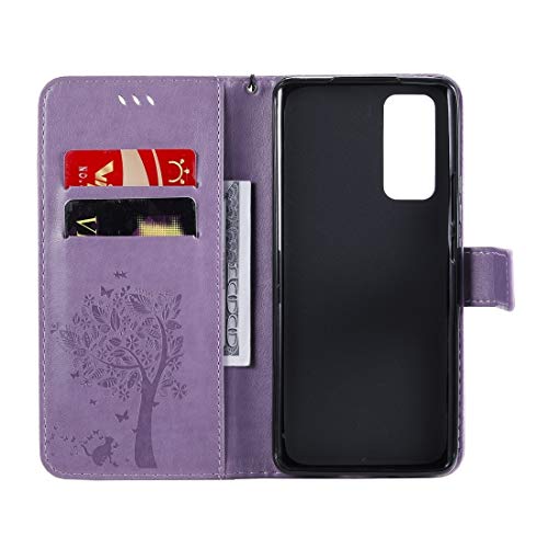 PHONETABLETCASE+ / for Compatible with Huawei Honor 30 Árbol y Gato Patrón en Relieve Patrón Horizontal Funda de Cuero con Soporte y Ranuras Tarjetas y Billetera y cordón,Protección de la Cubierta de