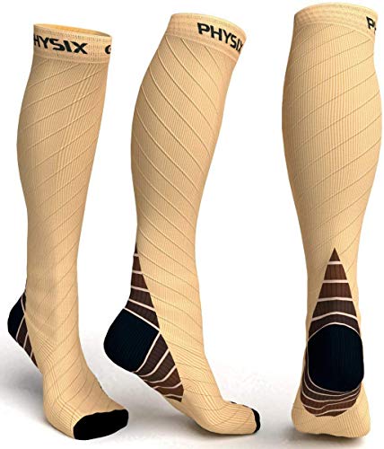 Physix Gear Sport Calcetines de compresión, los mejores calcetines compresión mujer y hombre para el dolor de pies y gemelos, medias de compresión hombre y mujer, 1 par, S/M, beige