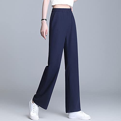 Piernas Anchas Mujer Verano Fino Seda Hielo Pantalones de Mujer Cintura Alta Colgante Recto Gran tamaño Pantalones Casuales niños Verano-Deep Blue_4XL código (Recomendado 155-175 kg)