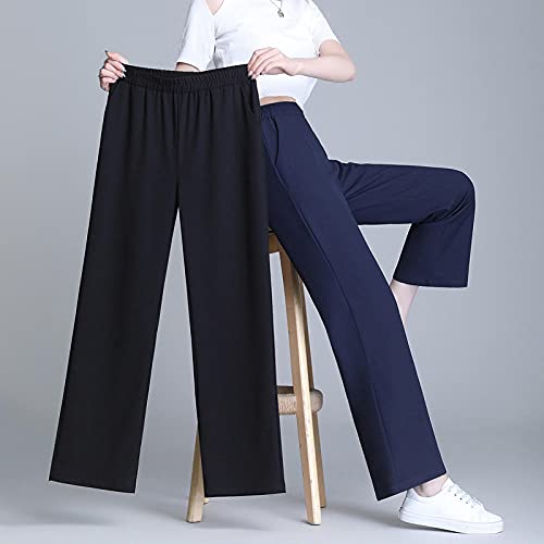 Piernas Anchas Mujer Verano Fino Seda Hielo Pantalones de Mujer Cintura Alta Colgante Recto Gran tamaño Pantalones Casuales niños Verano-Deep Blue_4XL código (Recomendado 155-175 kg)