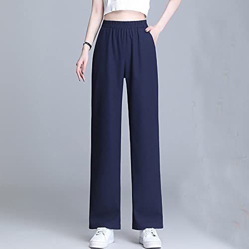 Piernas Anchas Mujer Verano Fino Seda Hielo Pantalones de Mujer Cintura Alta Colgante Recto Gran tamaño Pantalones Casuales niños Verano-Deep Blue_4XL código (Recomendado 155-175 kg)