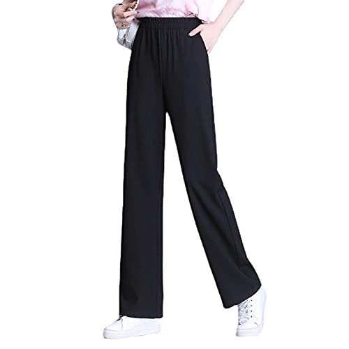 Piernas Anchas Mujer Verano Pantalones de Seda de Hielo Finos para Mujer Cintura Alta Colgante Recto Pantalones Casuales de Gran tamaño niños Verano-Negro código 4XL (Recomendado 155-175 kg)