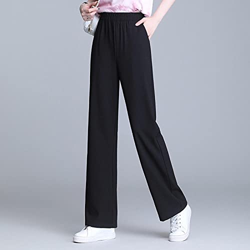 Piernas Anchas Mujer Verano Pantalones de Seda de Hielo Finos para Mujer Cintura Alta Colgante Recto Pantalones Casuales de Gran tamaño niños Verano-Negro código 4XL (Recomendado 155-175 kg)